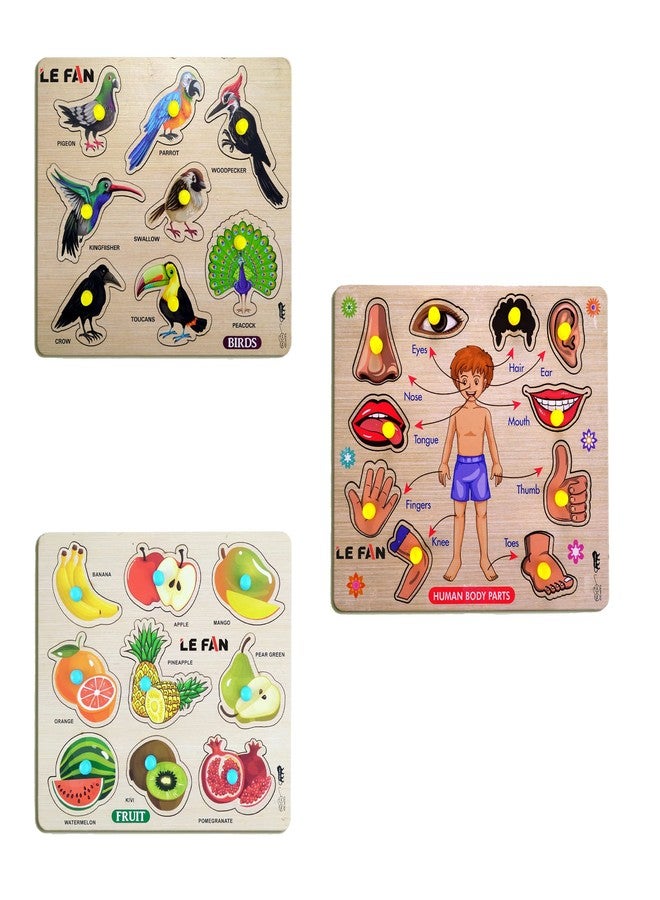 Lefan® Kids Fort Pre Nursery Educational Jigsaw Puzzles for Adults Kids Learning Toys Kit Board Game 3 pcs Set of Birds Human Body Parts & Fruits Educational Toy - Image 1